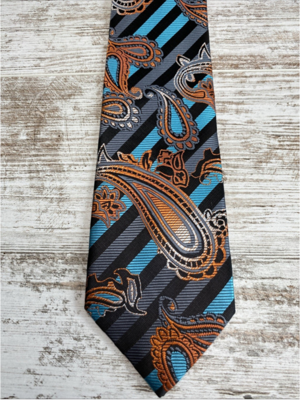 HISDERN Silk Necktie Teal Orange Blue Paisley Striped Modern Mens Tie 60" Bold